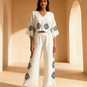 Etnik Baskılı Beyaz Muslin Takım
