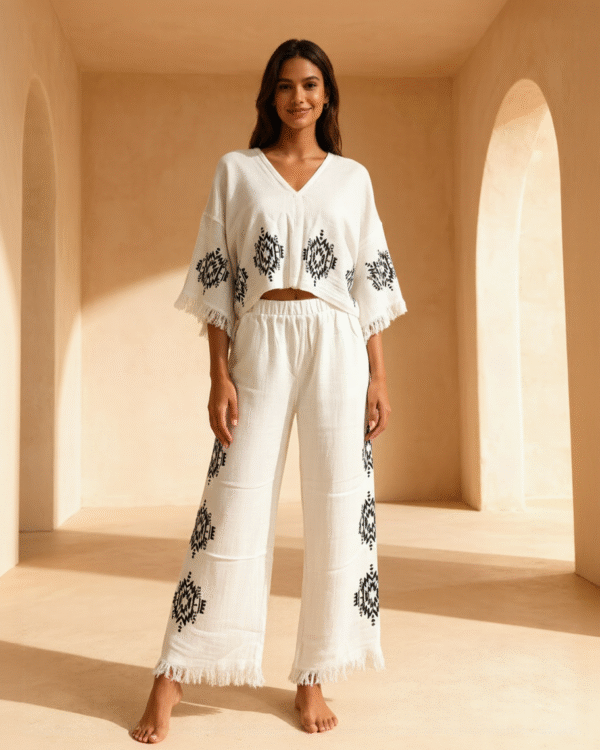 Etnik Baskılı Beyaz Muslin Takım – Terzibotantik Doğal Tasarım