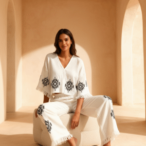 Etnik Baskılı Beyaz Muslin Takım – Terzibotantik Etnik Baskılı Beyaz Muslin Takım – Terzibotantik Doğal Tasarım