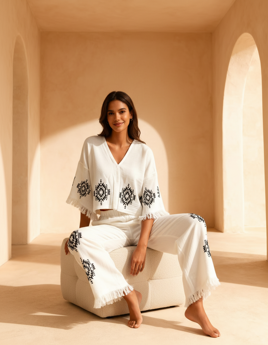 Etnik Baskılı Beyaz Muslin Takım – Terzibotantik Etnik Baskılı Beyaz Muslin Takım - Görsel 4