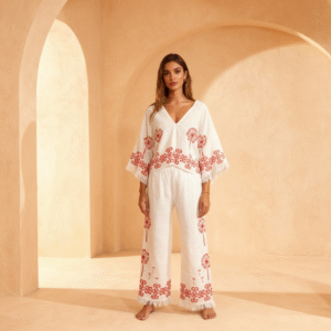 Kırmızı Karahindiba Baskılı Muslin Takım