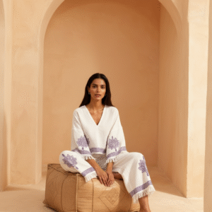 Mor Lotus Baskılı Muslin Takım – Terzibotantik Doğal Tasarım