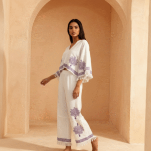 Mor Lotus Baskılı Muslin Takım – Terzibotantik Doğal Tasarım