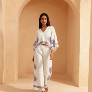 Mor Lotus Baskılı Muslin Takım – Terzibotantik Doğal Tasarım